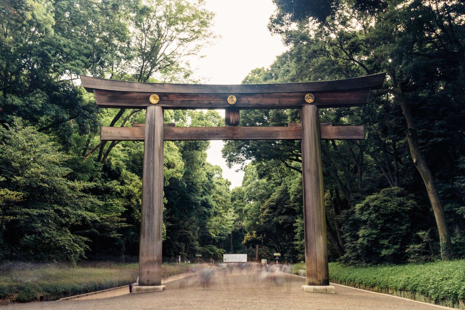En torii uden for Meiji jingū. En torii er en slags portal, som bl.a. skal holde onde ånder ude.